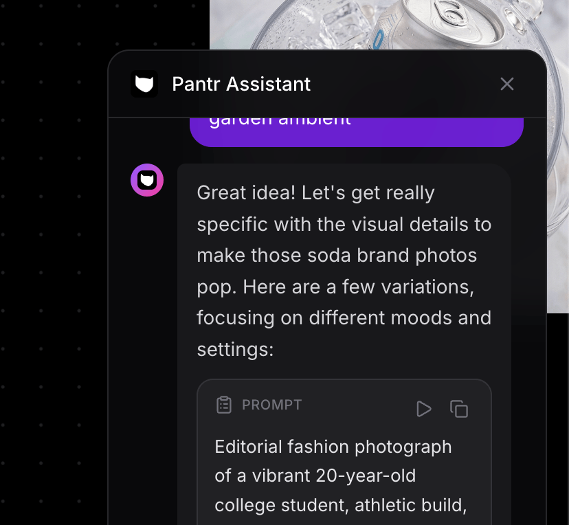 Pantr Assistant panel with a suggested prompt card (copy / run) over a product scene. Creative Director