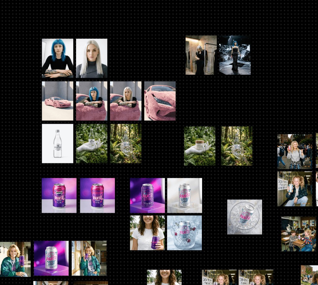 Canvas with multiple work clusters — fashion, product-in-scene, PANTR brand shots, and lifestyle references on a dotted grid. Flexible canvas UX