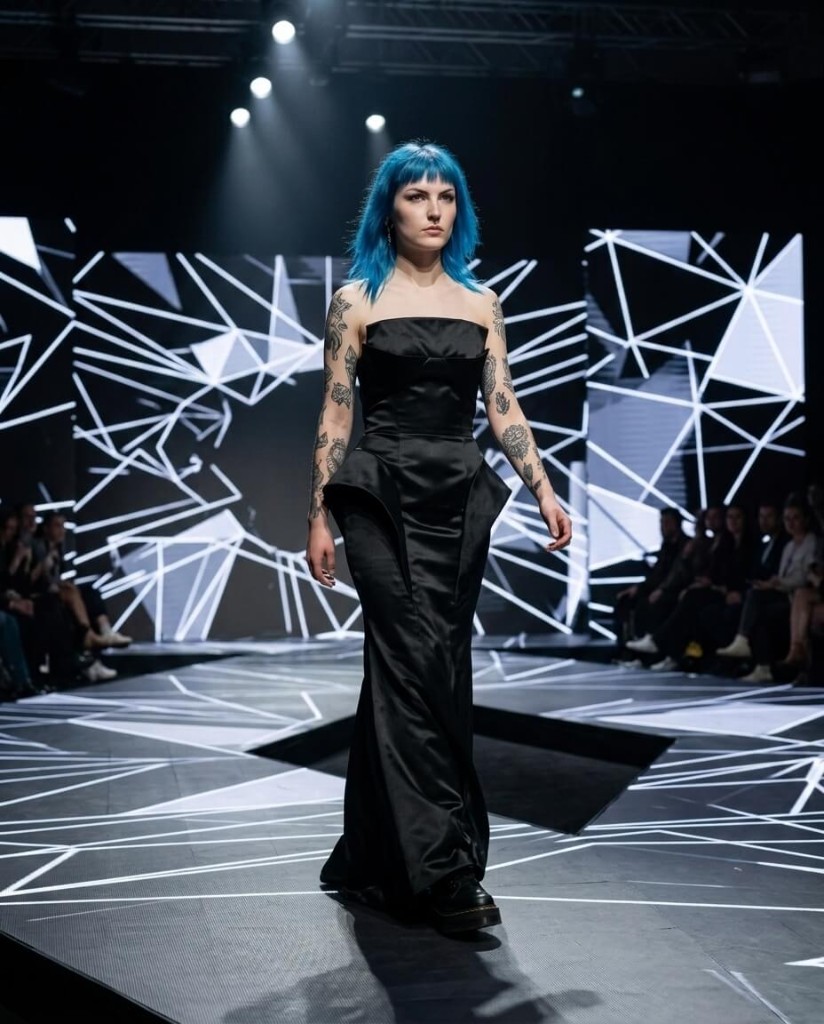 Fashion show editorial Runway look: strapless black gown, geometric LED backdrop, blue hair
