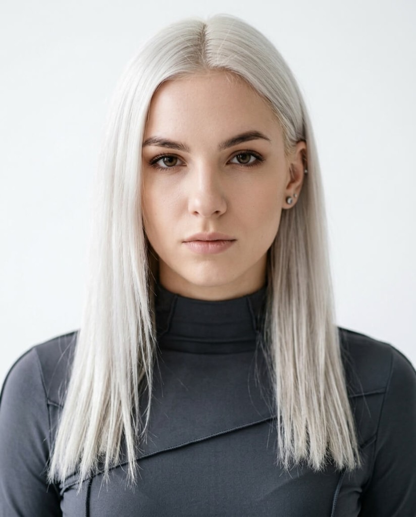 Minimal studio headshot Platinum blonde portrait, charcoal mock-neck top, high-key white studio background