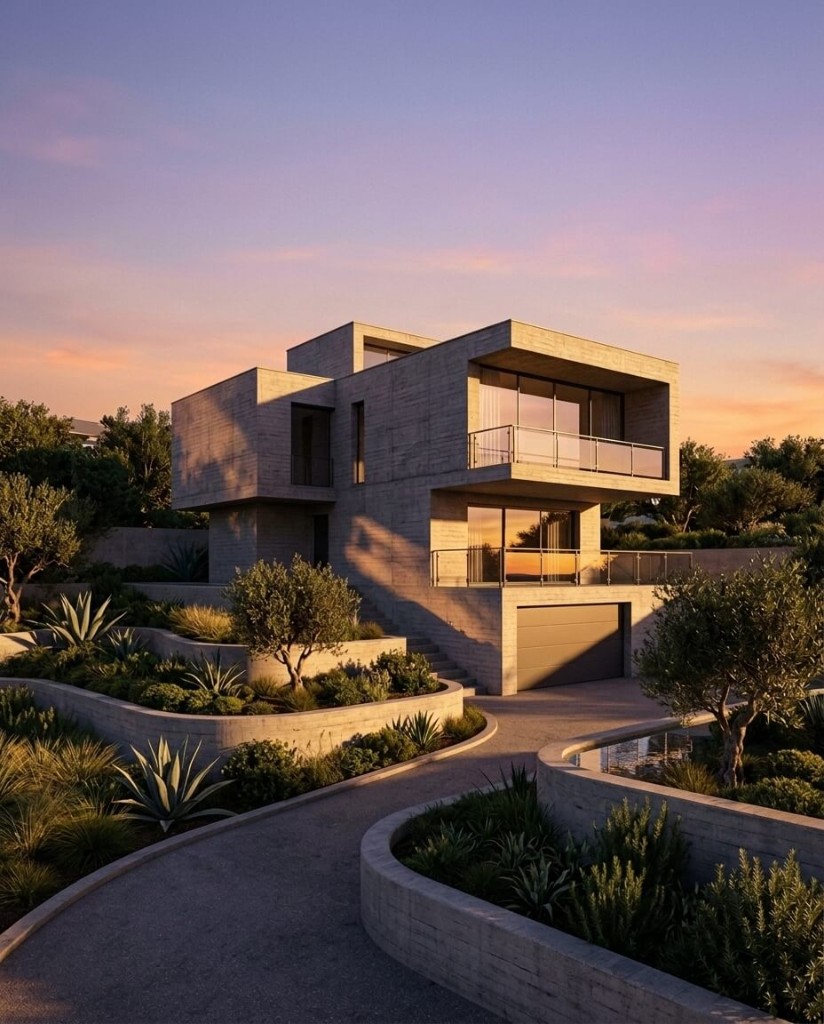 Architectural visualization, sunset Board-formed concrete residence at golden hour, terraced gardens and glass façade