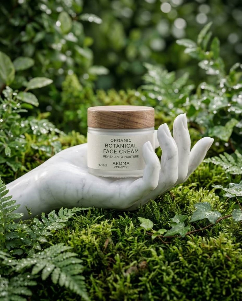 Skincare product in lush botanical setting Organic face cream jar cradled in a marble sculpture hand, dewy moss and ferns