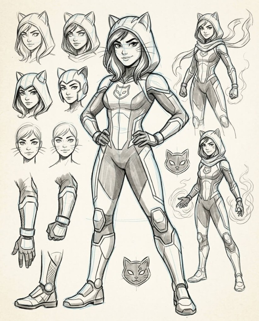 Character design turnaround and detail sheet Superhero character sheet, cat-eared hood and suit, pencil and ink with light construction lines