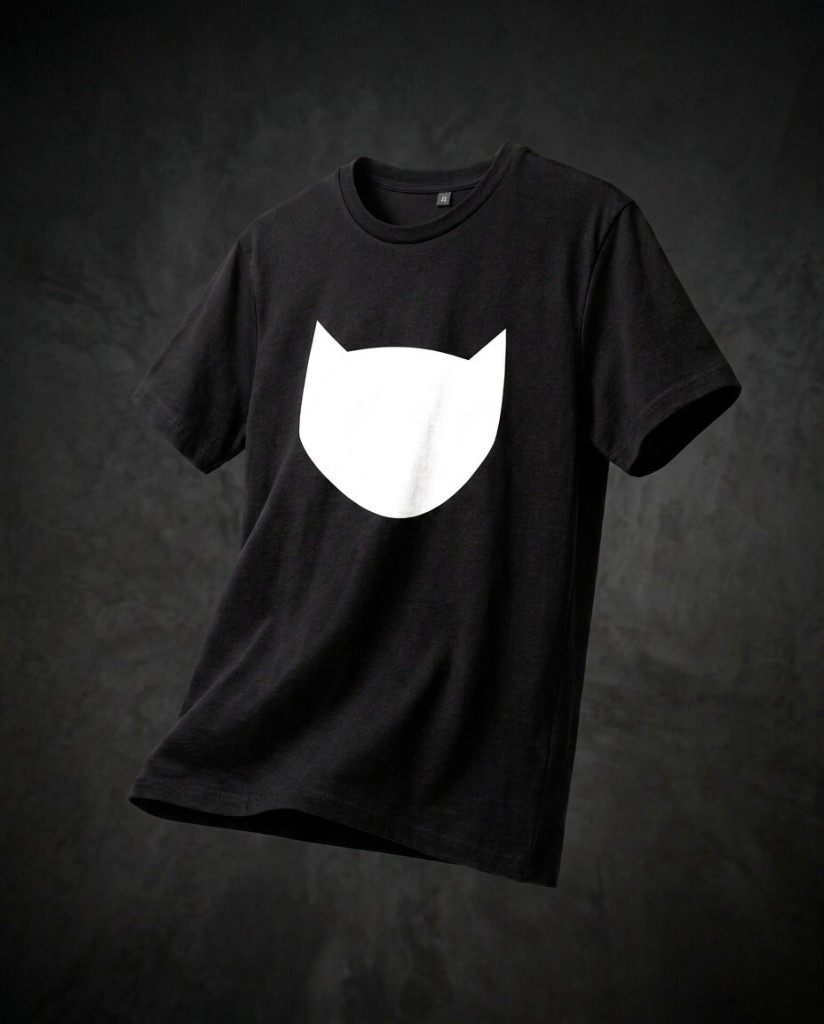 T-shirt mockup with logo Black tee mockup with a minimalist white cat logo, floating product shot, soft studio light on charcoal backdrop